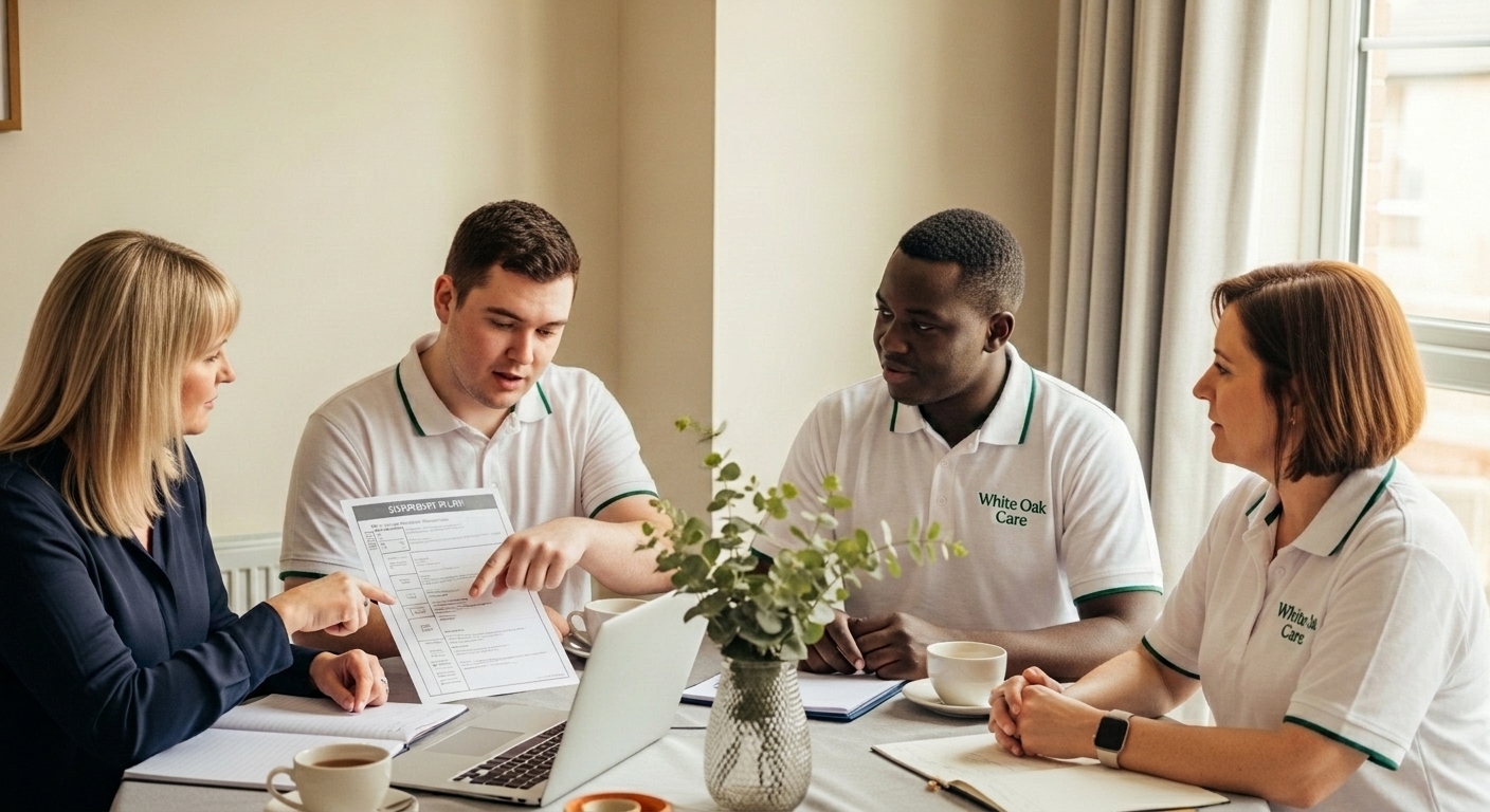 A resident leading a support planning conversation with their family and the White Oak Care team in a supported living home.