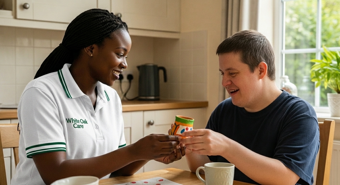A White Oak Care support worker admiring a resident's craft project at the kitchen table of a supported living home.