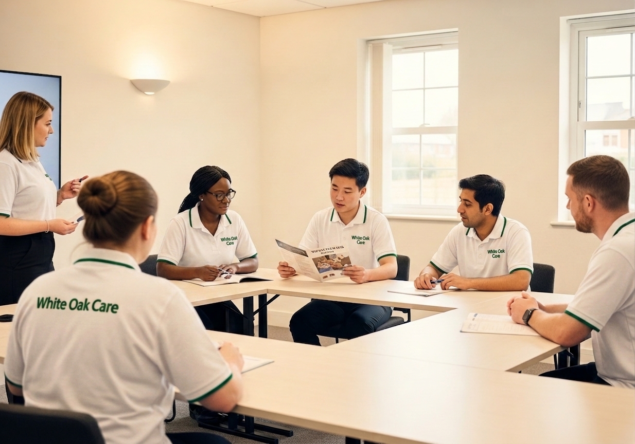A diverse White Oak Care team in a UK training room reviewing a Care Certificate training module.