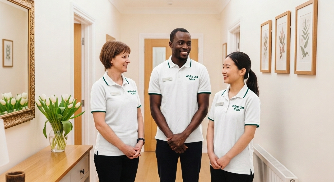 Three White Oak Care support workers in branded teal uniforms standing together in the entrance hallway of a UK supported living home.