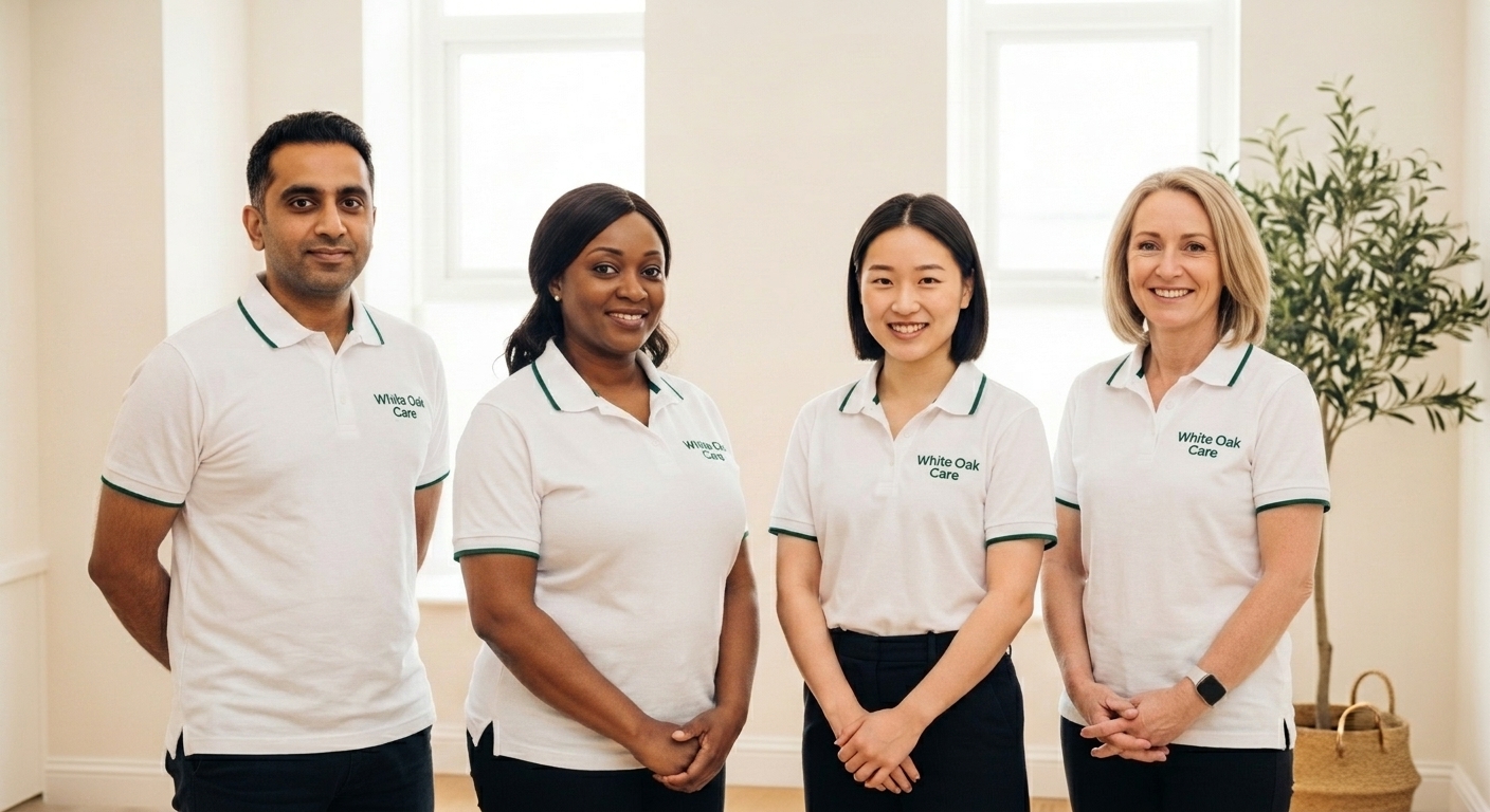The White Oak Care leadership team in branded teal uniforms standing together in a modern UK office.
