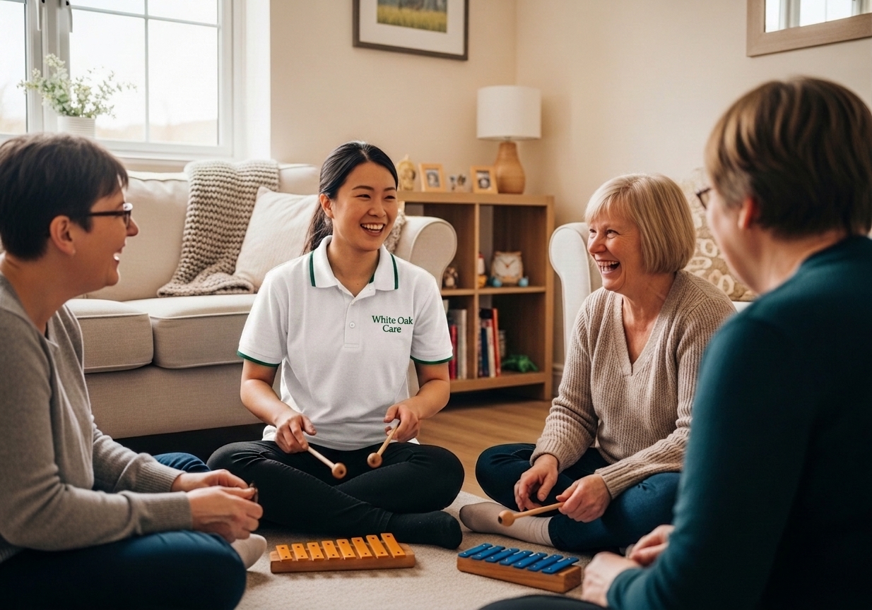 A White Oak Care support worker leading a music activity with residents in the lounge of a supported living home.
