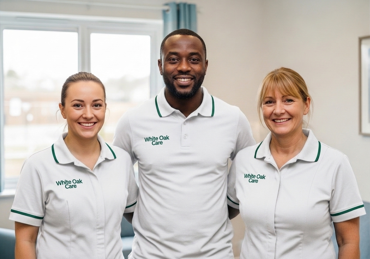 Three White Oak Care support workers standing together in a bright modern lounge, smiling warmly