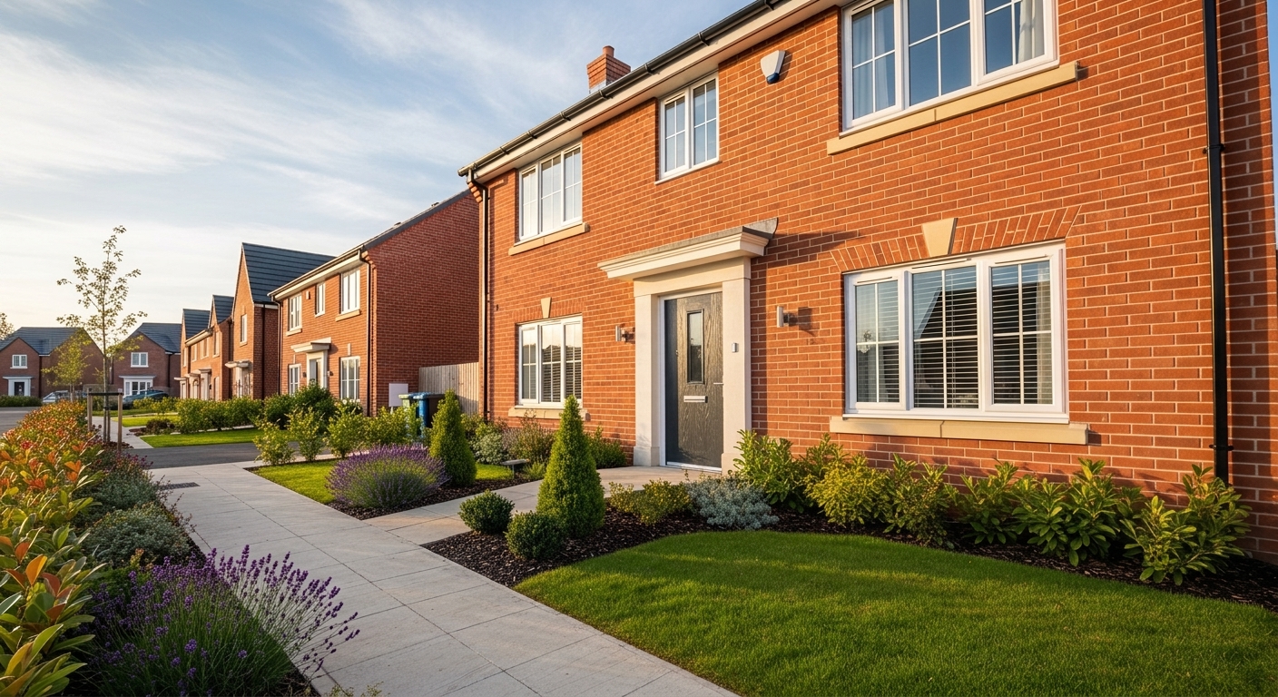 Exterior of a White Oak Care supported living property neat red brick house with accessible path and tidy garden