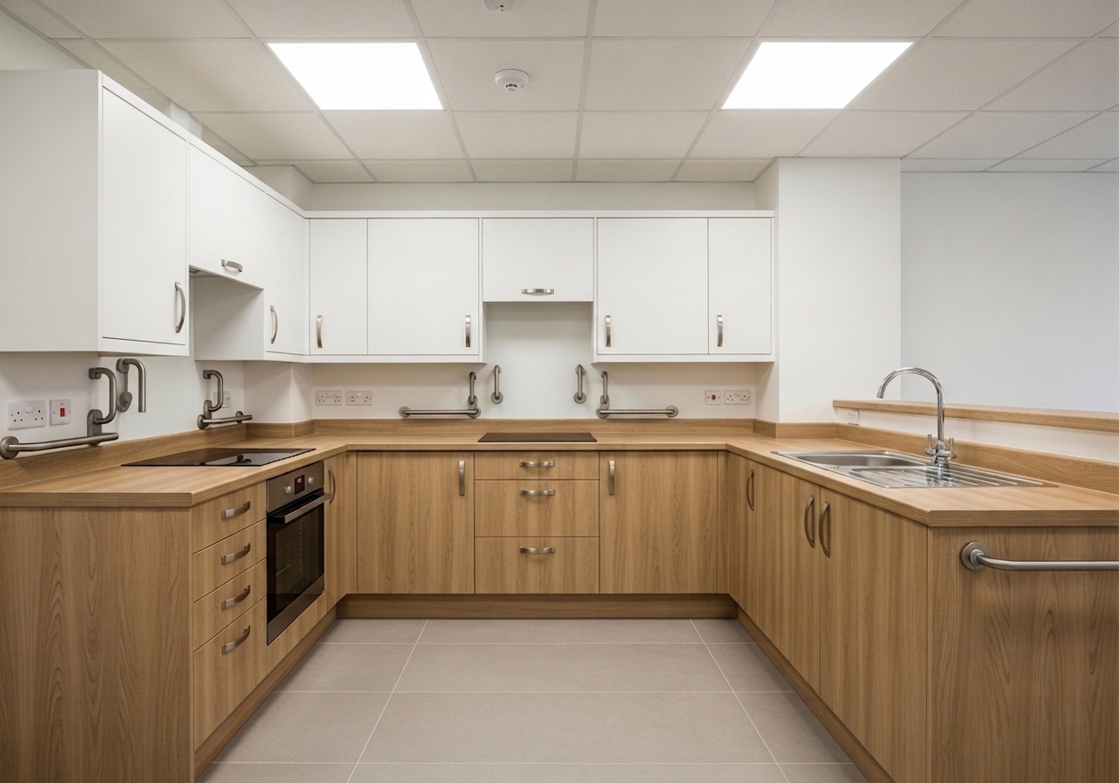 Accessible kitchen with lower work surfaces and grab rails in a White Oak Care property