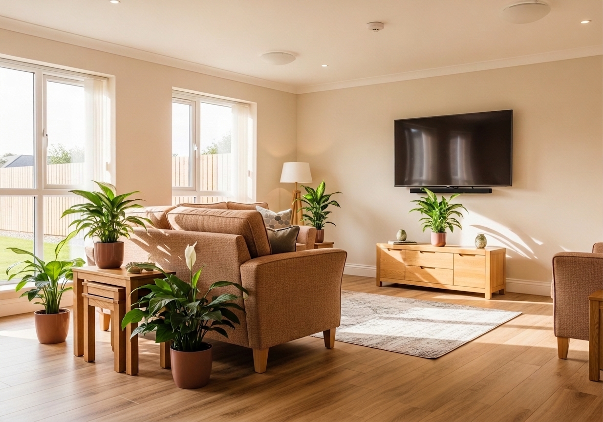 Bright, comfortable lounge interior of a White Oak Care supported living home