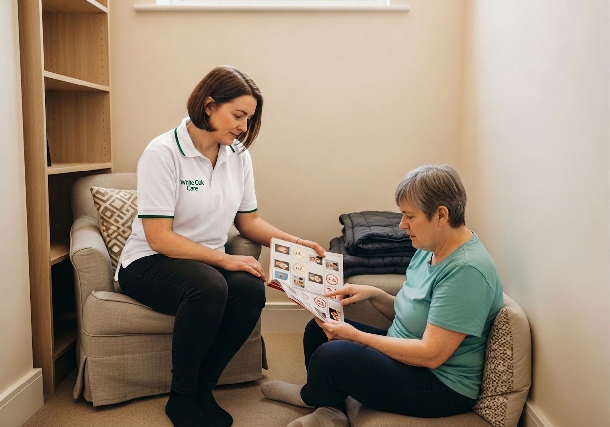 A White Oak Care support worker and an autistic resident calmly using a visual communication book together in a sensory-aware reading nook.