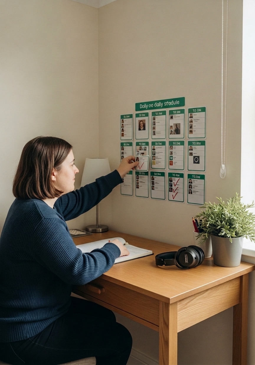 An autistic adult resident updating her visual daily schedule in her sensory-aware bedroom at a White Oak Care supported living home.