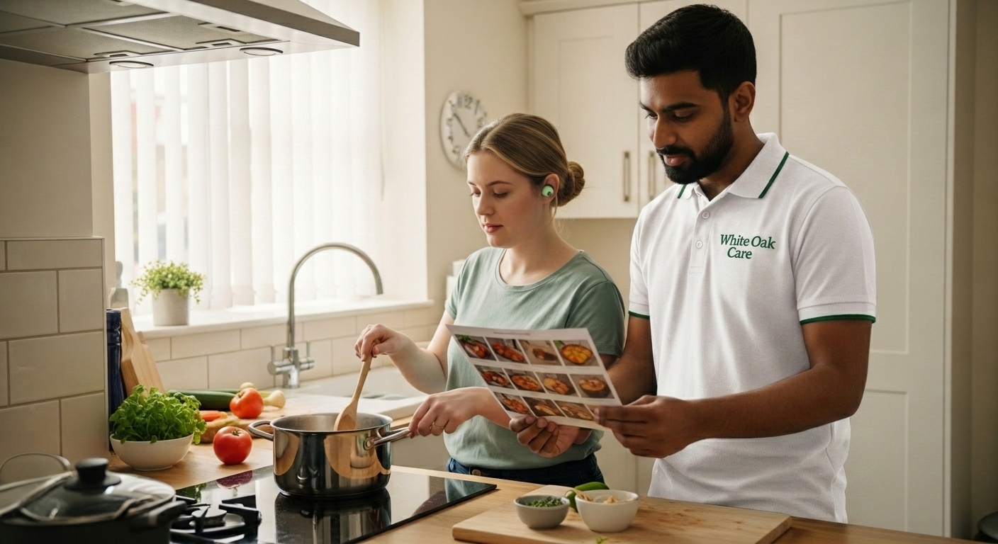 A White Oak Care support worker helping an autistic resident follow a visual recipe card while cooking in a sensory-aware UK kitchen.