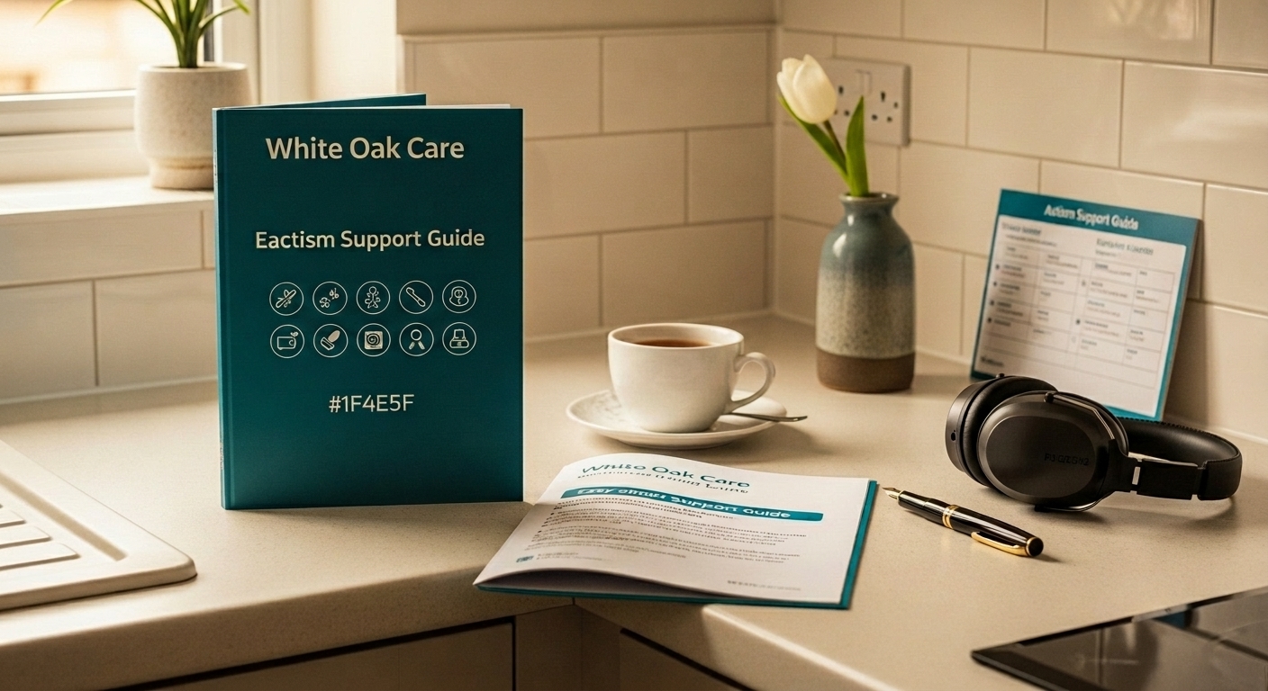 An open White Oak Care autism support guide on a kitchen counter alongside a visual schedule card, noise-cancelling headphones, and a cup of tea.