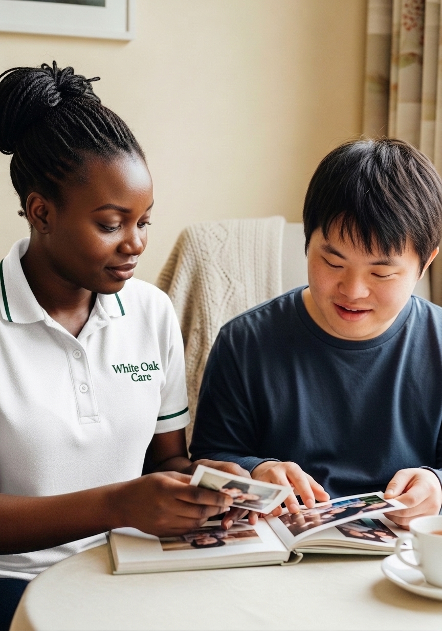 A White Oak Care support worker quietly looking through a photo album with an autistic resident in his supported living home.