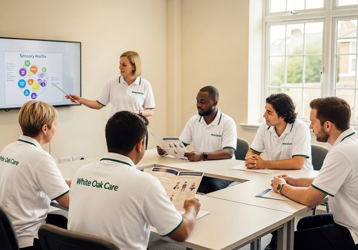 A diverse White Oak Care team in a UK training room reviewing an autism and sensory awareness training module.