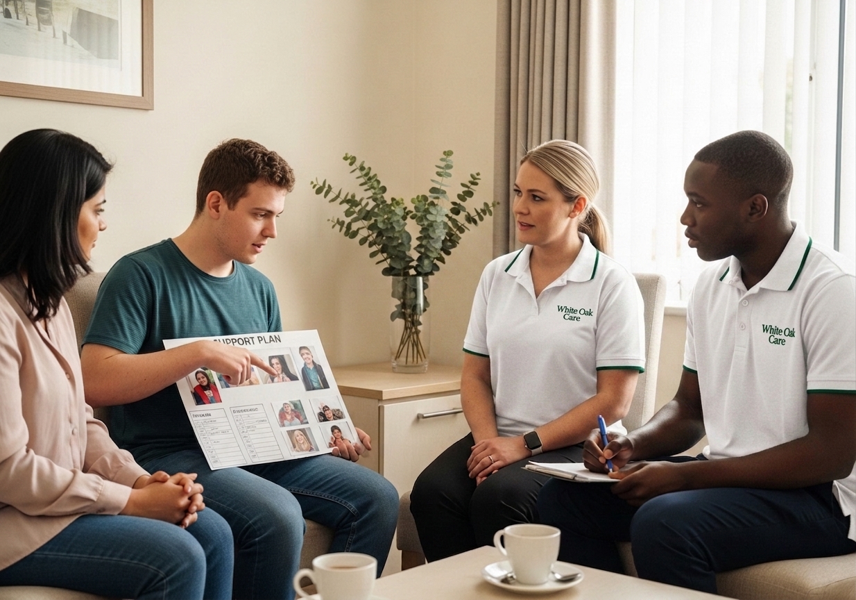 An autistic resident leading his support planning meeting using a visual plan with family and the White Oak Care team in a calm, low-arousal room.