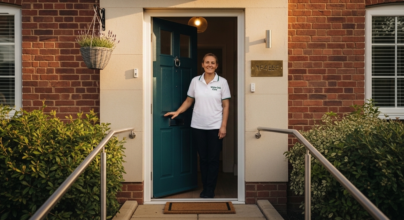 A senior White Oak Care support worker welcoming a visitor at the front door of a UK supported living home at golden hour.