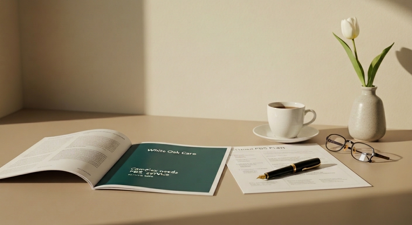 An open White Oak Care complex needs service guide on a desk alongside a structured PBS plan template, a fountain pen, and a cup of tea.