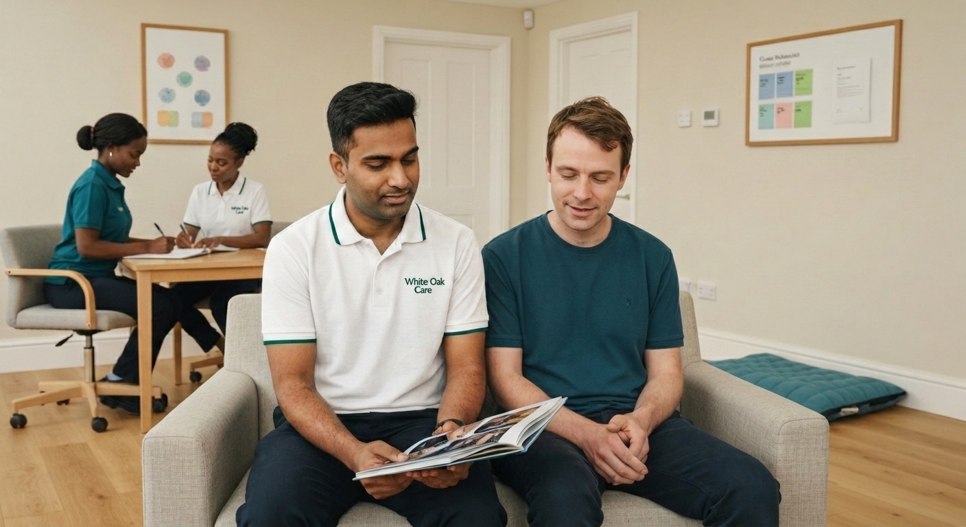 A senior White Oak Care support worker and colleague providing structured 24/7 support to a resident with complex needs in a UK supported living home.