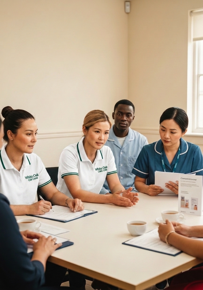 A White Oak Care registered manager leading a multi-agency planning meeting with a psychologist, social worker, nurse, and commissioner for a complex needs placement.