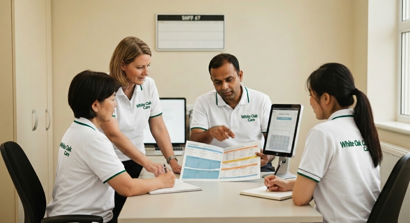 A diverse White Oak Care team conducting a structured handover and PBS plan review in the staff office of a UK supported living home.