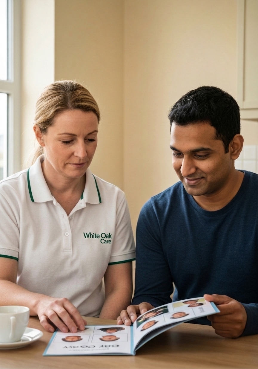A White Oak Care senior support worker reviewing a personal good day book with a resident with complex needs at the kitchen table.