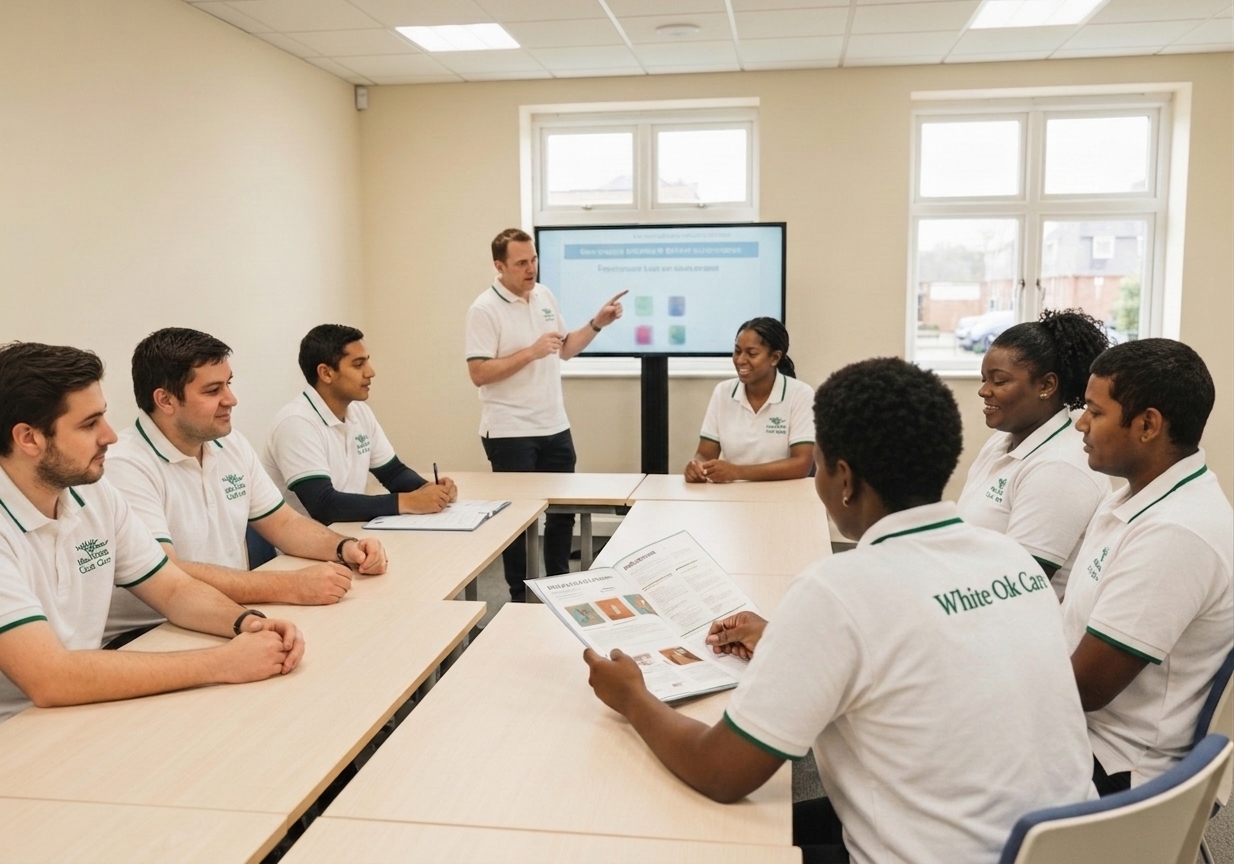 A diverse White Oak Care team in a UK training room reviewing a complex needs and PBS training module.
