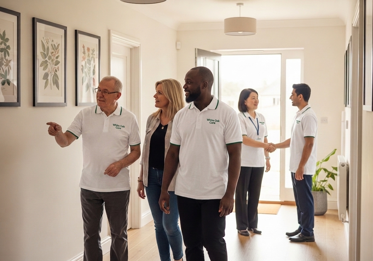 A resident showing his family member around his new room while the White Oak Care manager welcomes an NHS clinician for a planned transition.