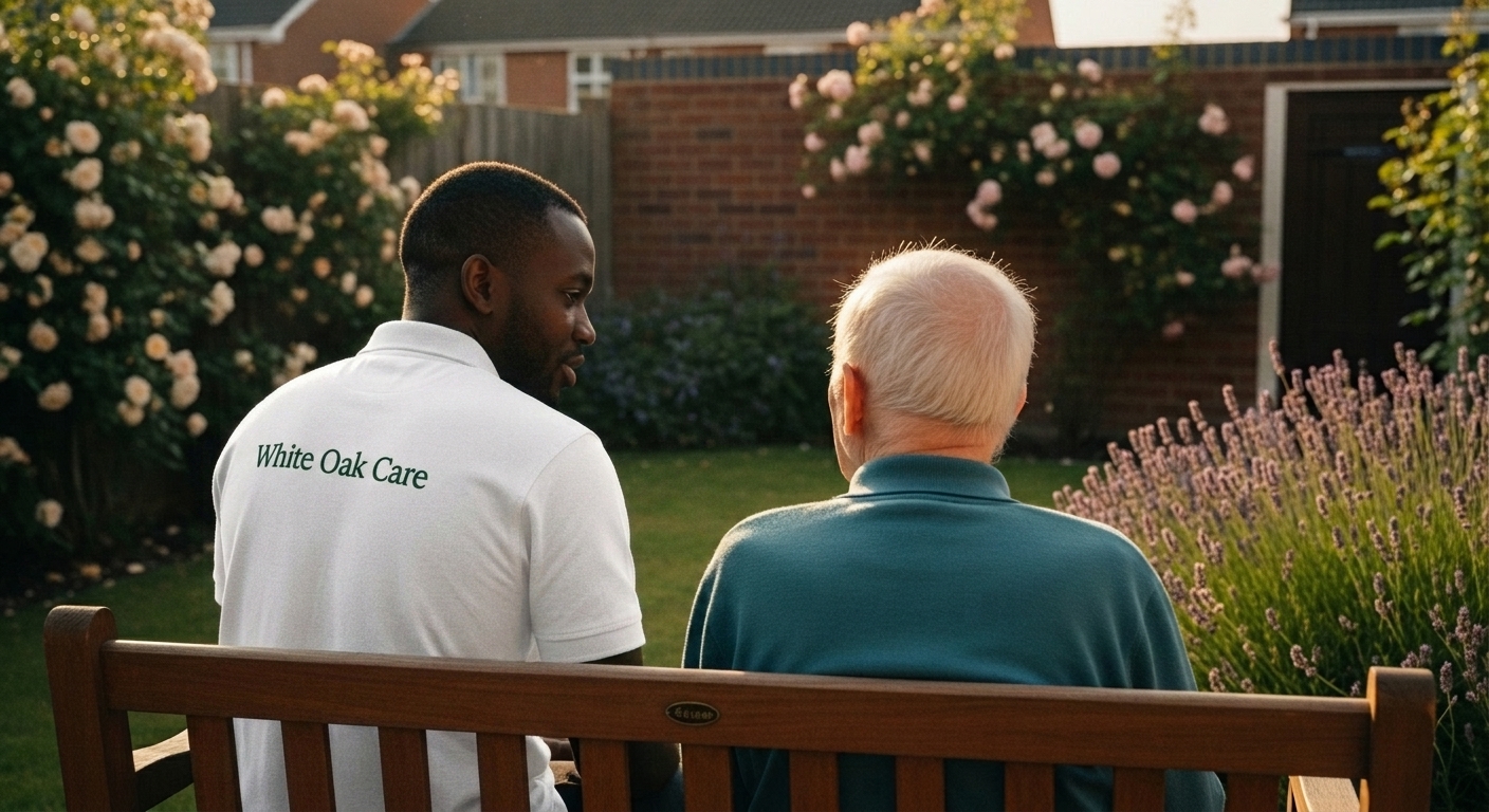 A White Oak Care support worker and resident sharing a quiet conversation on a garden bench in golden-hour light.
