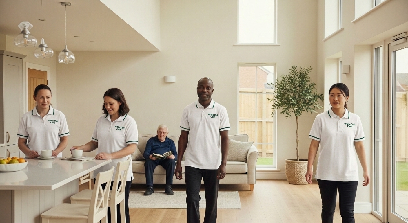 Three White Oak Care support workers in branded teal uniforms supporting residents across the communal living space of a UK supported living home.