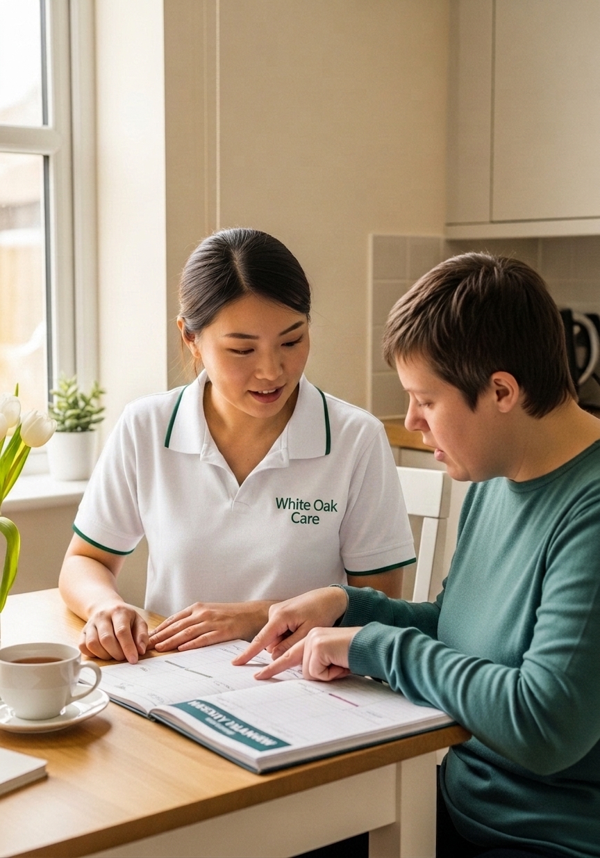 A White Oak Care support worker reviewing a weekly planner with a resident at the kitchen table of a UK supported living home.
