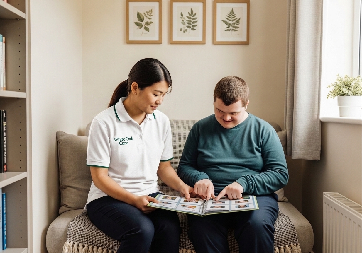 A White Oak Care support worker and a resident with a learning disability calmly looking through a personal communication book together in a reading nook.