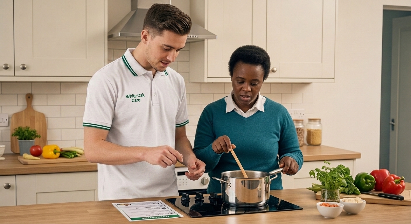 A White Oak Care support worker helping a resident follow an easy-read recipe card as she leads the cooking on the hob in a supported living kitchen.