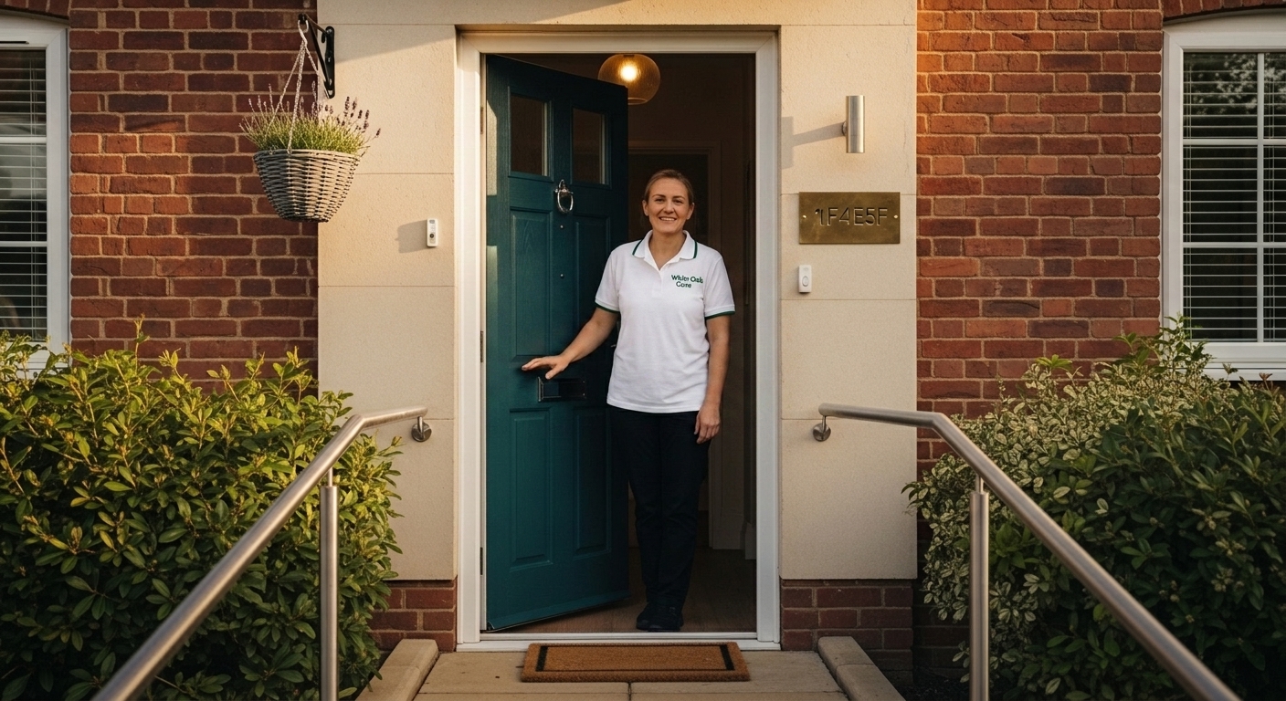 A White Oak Care support worker welcoming a visitor at the front door of a UK supported living home at golden hour.
