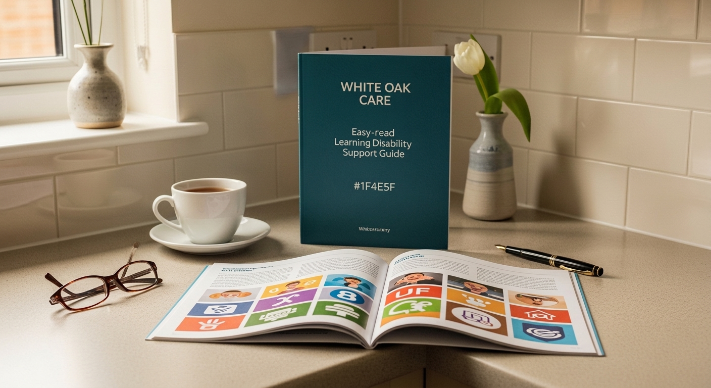 An open White Oak Care easy-read learning disability support guide on a kitchen counter with a cup of tea, fountain pen, and reading glasses.
