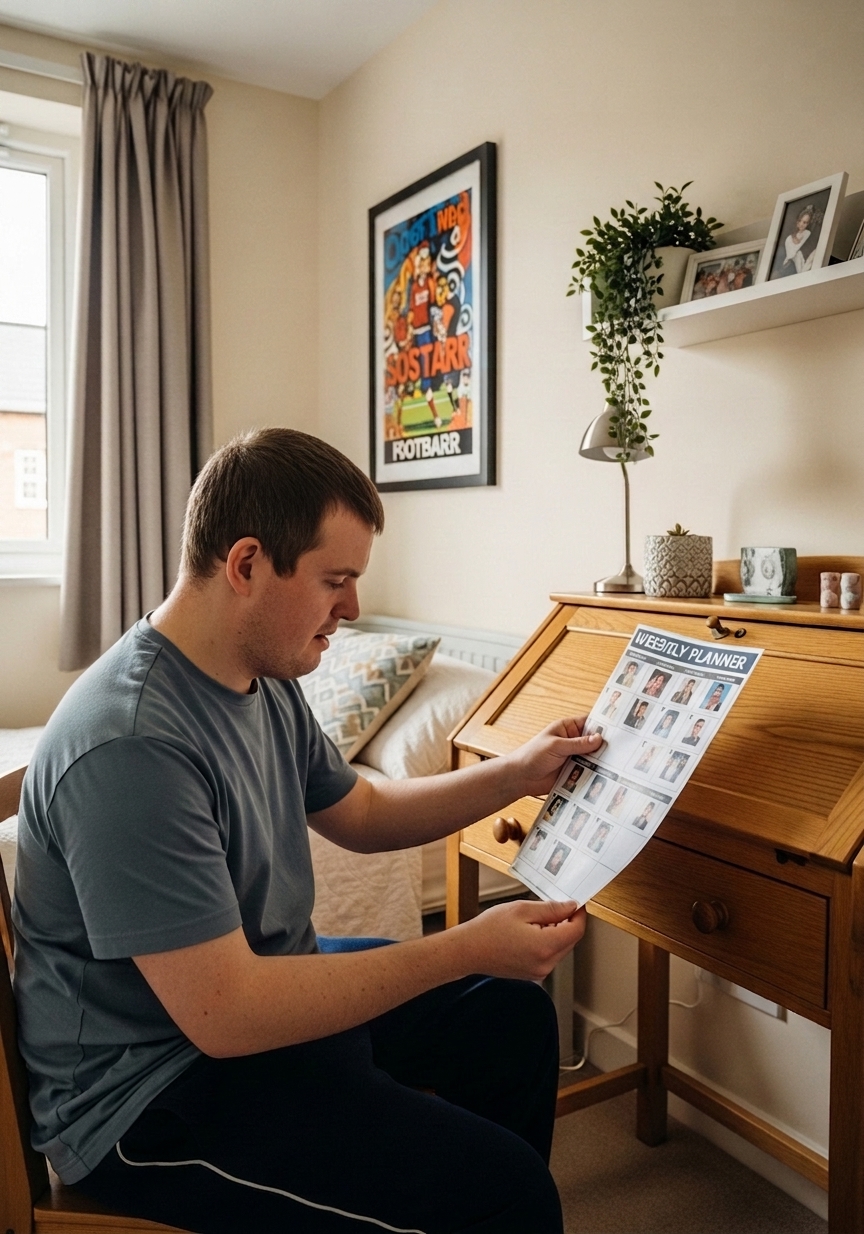 An adult resident with a learning disability reviewing his personal weekly planner with photos and easy-read symbols at his desk in his own bedroom.