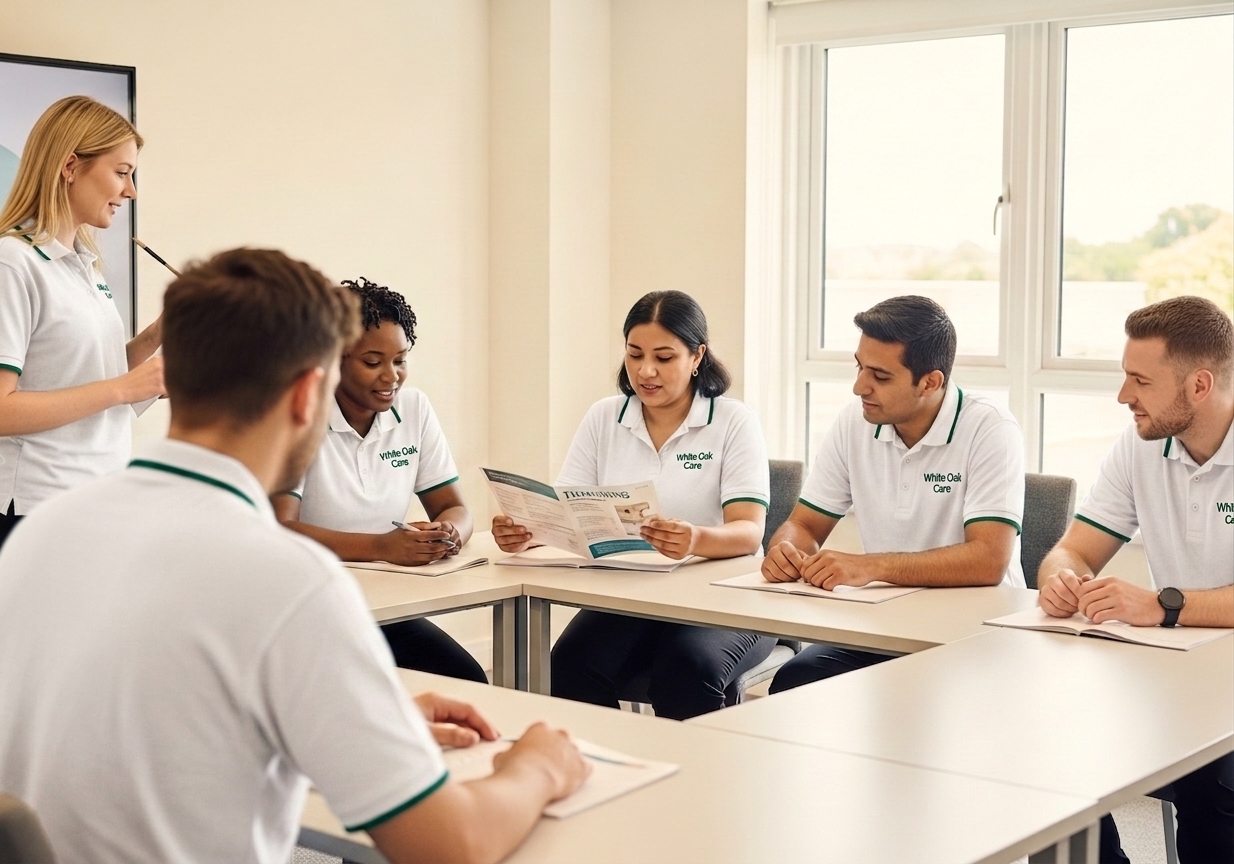 A diverse White Oak Care team in a UK training room reviewing a positive behaviour support training module.
