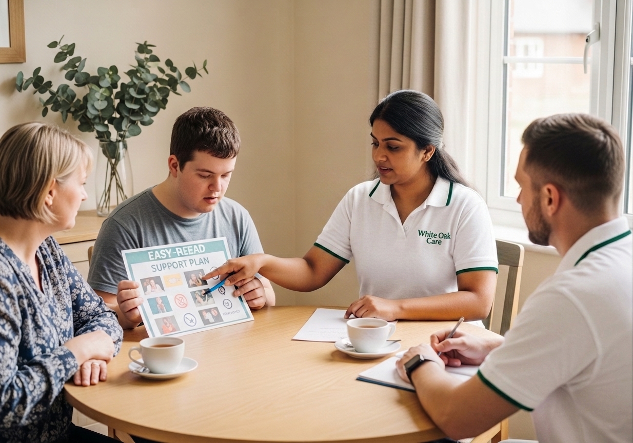A person with a learning disability leading his own support planning meeting using an easy-read plan with photos and symbols, alongside family and the White Oak Care team.