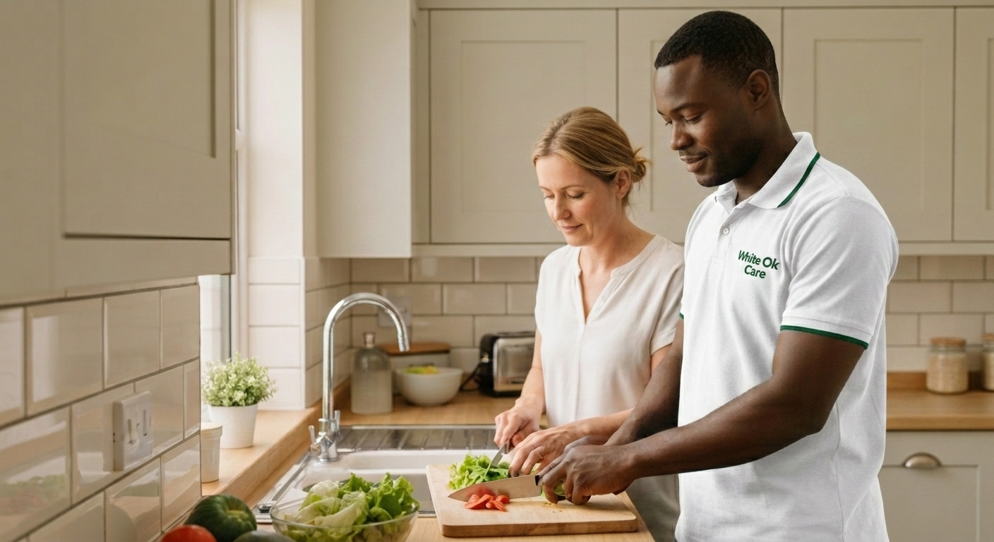 A White Oak Care support worker preparing lunch alongside a resident in the kitchen of a UK supported living home.