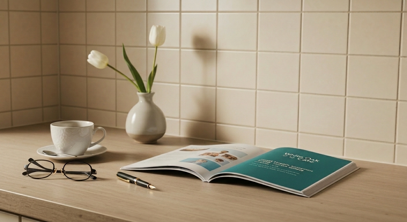 An open White Oak Care mental health support guide on a kitchen counter alongside a wellbeing planner, herbal tea, and reading glasses.
