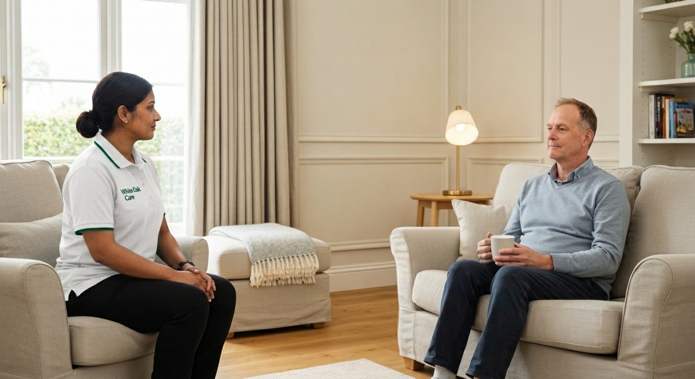 A White Oak Care support worker listening calmly to a resident living with a mental health condition in the lounge of a UK supported living home.