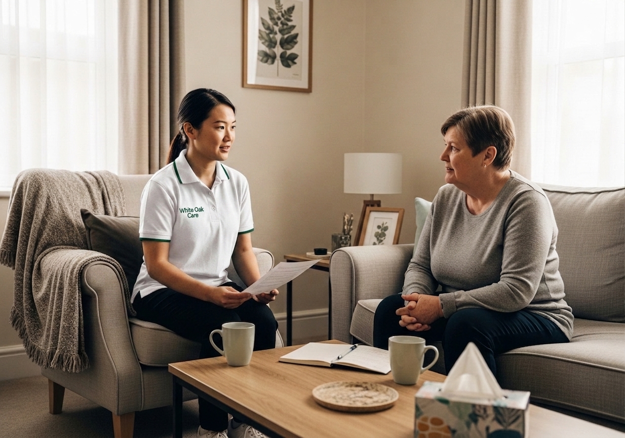 A White Oak Care keyworker and a resident reviewing a relapse prevention plan together in a quiet meeting room.