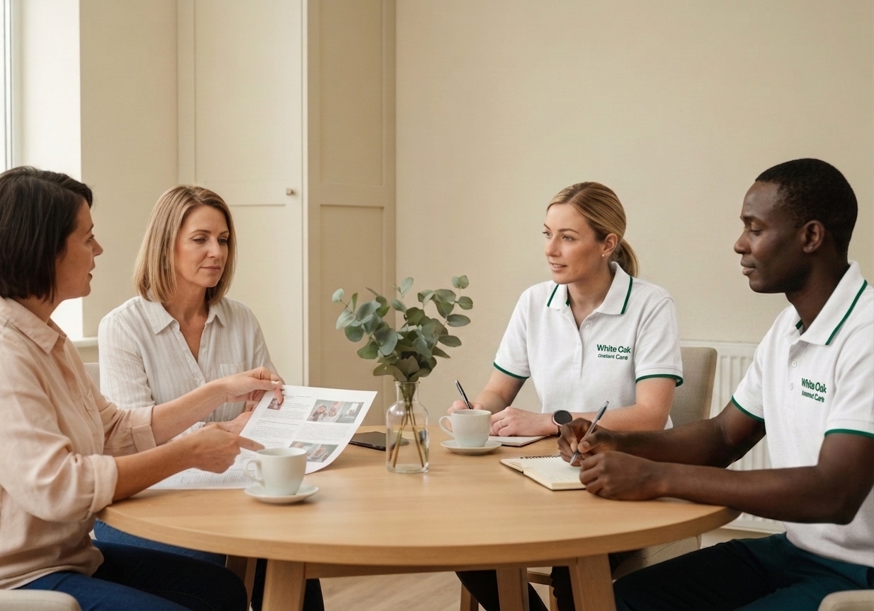 A resident leading her recovery planning meeting with her family, NHS care coordinator, and the White Oak Care team at a UK supported living home.