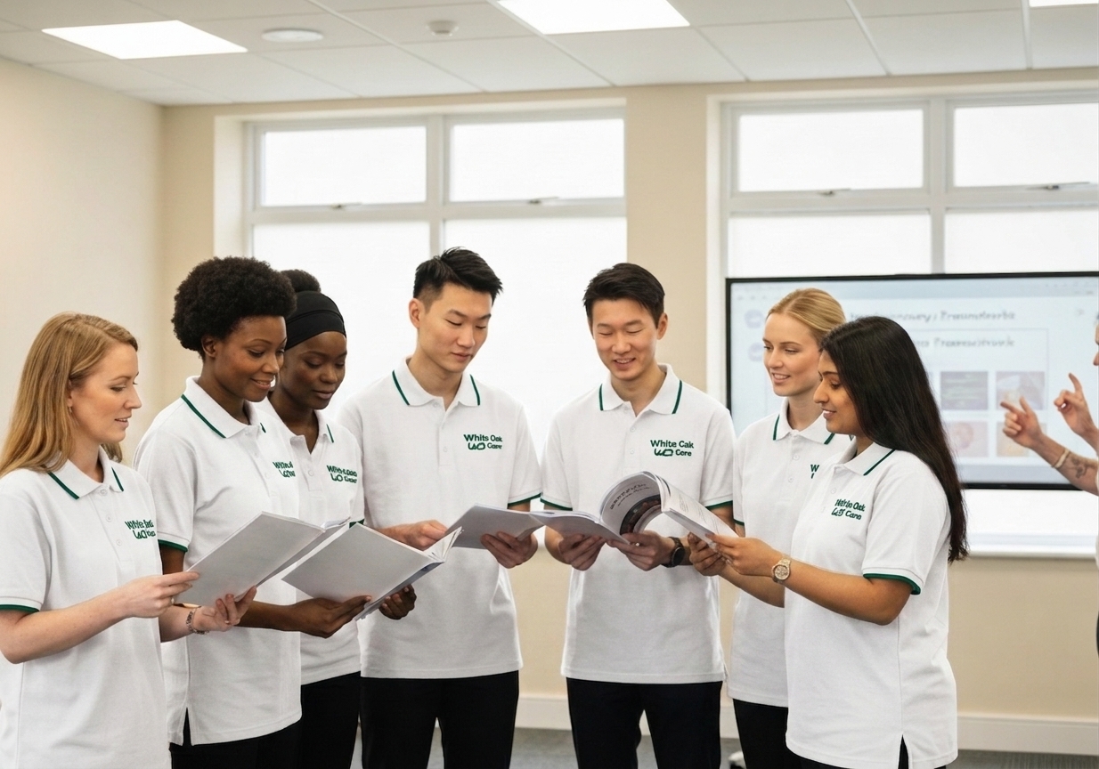A diverse White Oak Care team in a UK training room reviewing a trauma-informed care training module.
