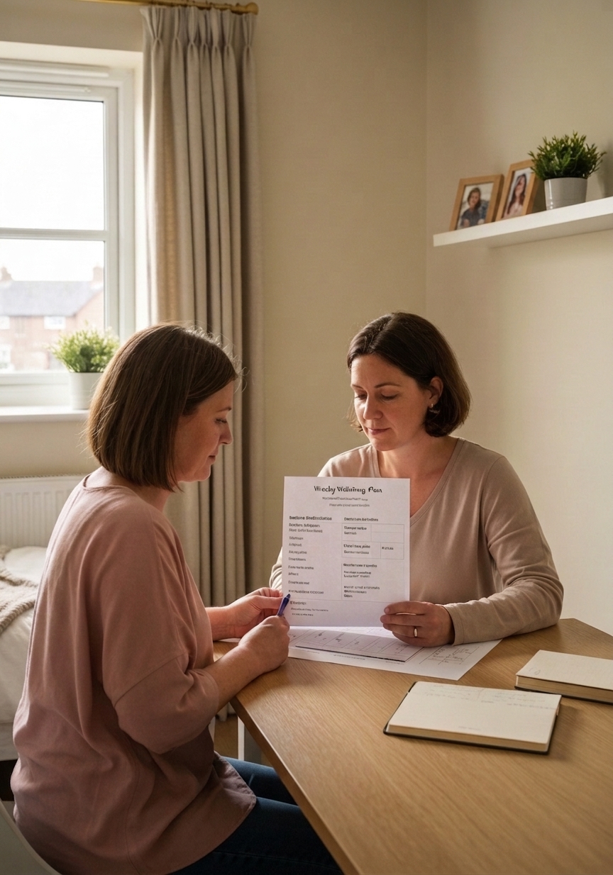 A resident living with a mental health condition reviewing her weekly wellbeing plan at the writing desk of her bedroom in a White Oak Care supported living home.