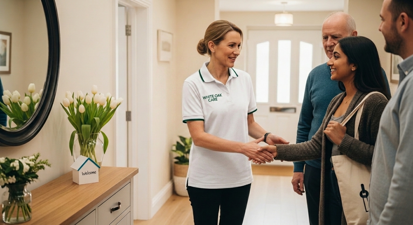 A White Oak Care support worker warmly welcoming a new resident on her first day at a UK supported living home.