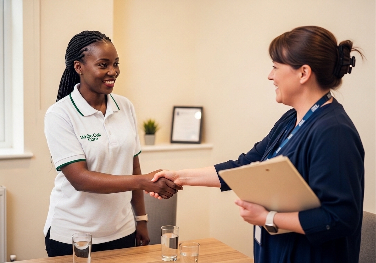 A White Oak Care registered manager meeting with a UK social worker to discuss a supported living referral.