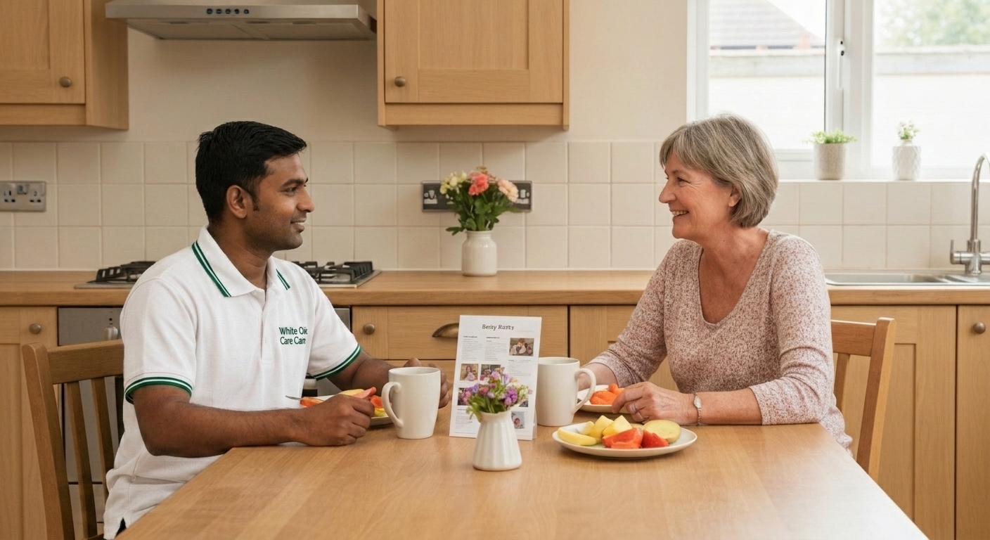 A White Oak Care support worker and a resident on a respite stay sharing breakfast together in a UK supported living kitchen.