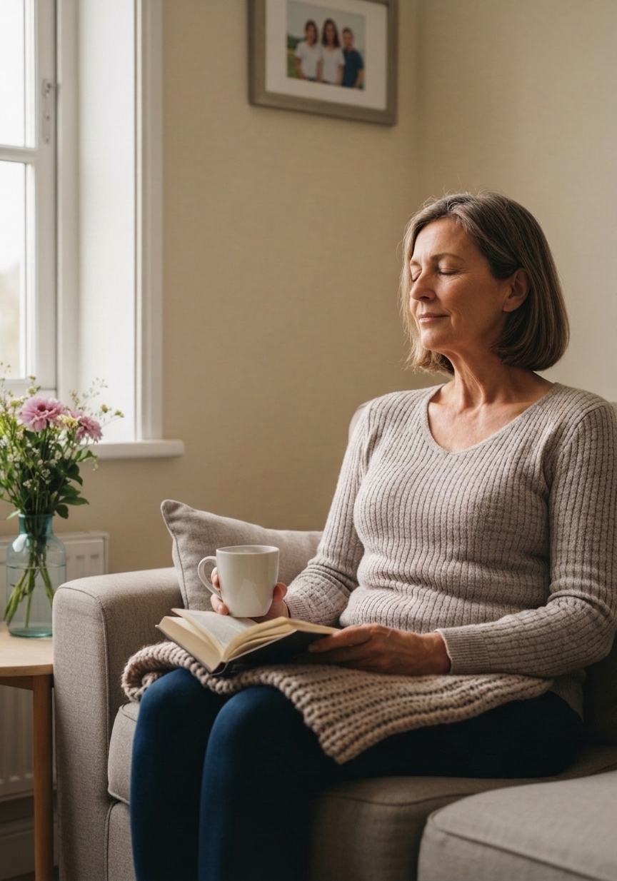 A family carer resting at home with a cup of tea while her adult son is on a planned respite stay with White Oak Care.