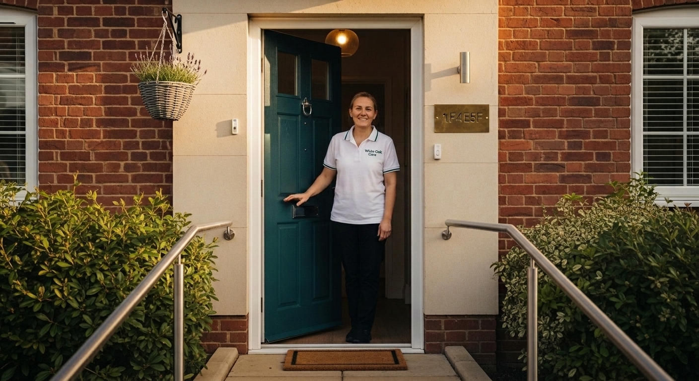 A White Oak Care support worker welcoming a visitor arriving for a respite stay at the front door of a UK supported living home at golden hour.