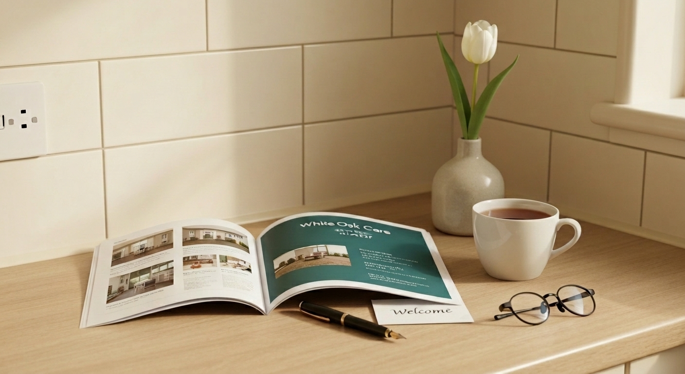 An open White Oak Care respite guide on a kitchen counter alongside a welcome card, a cup of tea, and reading glasses.