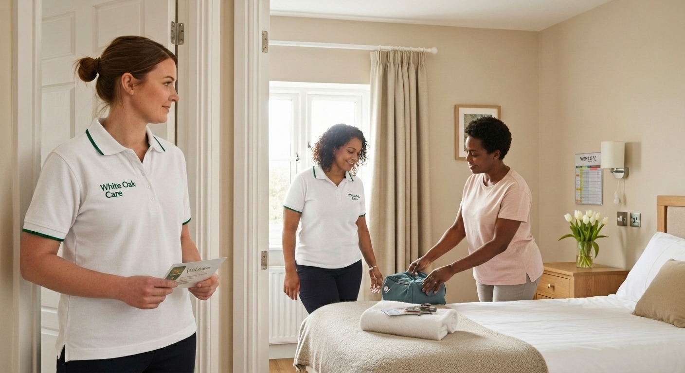 A White Oak Care support worker welcoming an adult resident arriving for a planned respite stay in a UK supported living home.