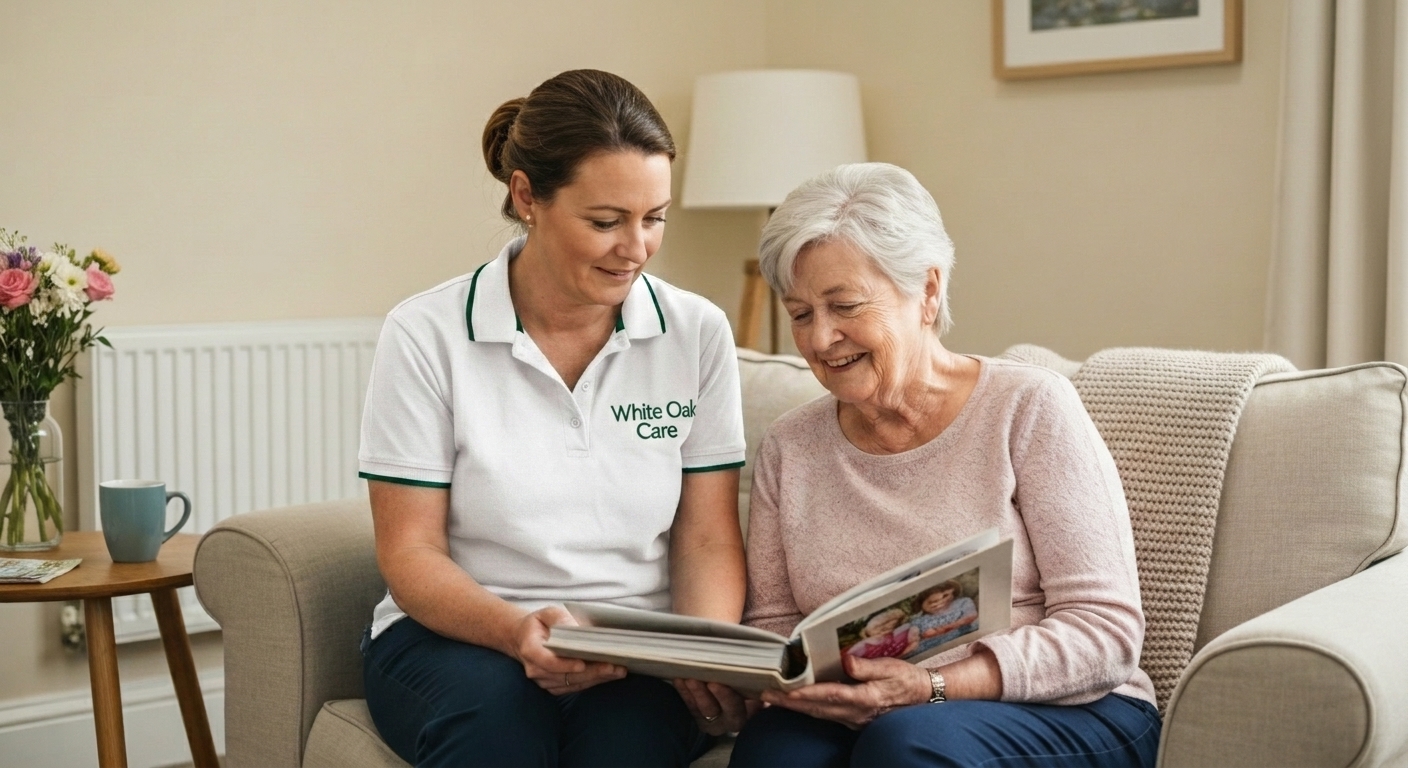 A White Oak Care support worker looking through a personal photo album with a resident during her respite stay.